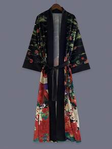 Áo khoác kimono dáng midi tay lửng 3/4 in họa tiết chim hạc và hoa thanh lịch dành cho nữ, thích hợp cho tiệc tùng, dạo phố, thường ngày, đi biển, du lịch, nghỉ dưỡng, áo choàng nhẹ, áo choàng tắm, áo choàng, trang phục biểu diễn khiêu vũ, tiệc lễ hội màu đen. - màu đen - Xem 2