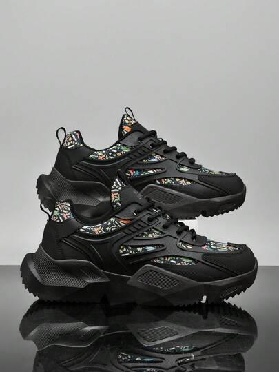 (100+Vendidos) Tênis Casuais Masculinos Milikuyou, Tênis Chunky, Cores Preto e Bege, Sapatos Esportivos para Uso Externo, Tênis de Corrida, Sapatos de Treinamento de Fitness, Sapatos para Caminhada, Leves, Versáteis, Sapatos Casuais da Moda, Sola de Pipoca, Design Ergonômico, Adequado para Ir e Vir, Diário, Férias, Viagem, Tamanhos 38-45 (Sola Irregular Pintada à Mão, Padrão Assimétrico)