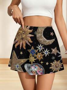 Galaxy Stars Sun Moon Cosmic Design Women Summer Mini Skirt Flowy Mini Skort For Ladies Sport Mini Skirt Leisure Sports - 彩色 - 查看 1