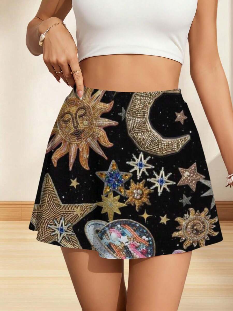 Galaxy Stars Sun Moon Cosmic Design Women Summer Mini Skirt Flowy Mini Skort For Ladies Sport Mini Skirt Leisure Sports - 彩色 - 查看 1