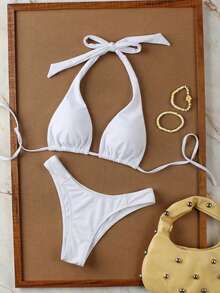 Women's Spring/Summer New White Solid Color Beach Vacation Date Party Halter Tie Sexy Bikini And Triangle Panty Swimwear Set - White - View 3