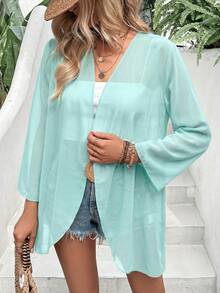 EARO Vacation Casual Solid Color Flare Sleeve Sheer Lightweight Jacket - Mint Blue - View 5