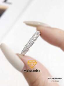 1 chiếc nhẫn cưới Moissanite hai hàng đính kim cương toàn bộ, kiểu dáng cổ điển sang trọng, bằng bạc S925 cao cấp, nhẫn đính hôn, nhẫn hứa hẹn, nhẫn kỷ niệm, quà tặng trang sức cho nữ, quà Giáng sinh. - Nhẫn kim cương moissanite hai hàng tròn đầy đủ - Xem 1