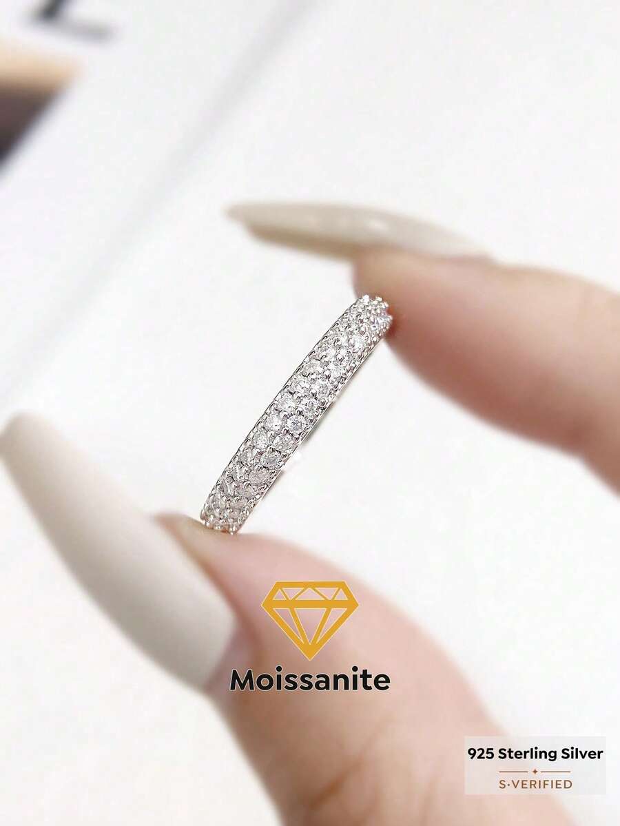1 chiếc nhẫn cưới Moissanite hai hàng đính kim cương toàn bộ, kiểu dáng cổ điển sang trọng, bằng bạc S925 cao cấp, nhẫn đính hôn, nhẫn hứa hẹn, nhẫn kỷ niệm, quà tặng trang sức cho nữ, quà Giáng sinh. - Nhẫn kim cương moissanite hai hàng tròn đầy đủ - Xem 1