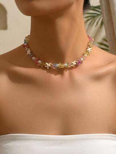1pc Summer Island Style Colorful Stone Beaded Necklace, Versatile Turquoise Starfish Pendant Necklace, Fashionable Ocean Vibe Jewelry For Women, Suitable For Vacation, Party And Daily Wear. The Color Arrangement Of The Colorful Stones Is Random.