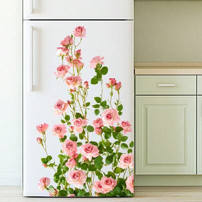 1 miếng dán tường hình dây leo hoa hồng màu hồng xinh xắn, tự dính, chống thấm nước, không để lại cặn, dùng để trang trí tủ lạnh, tủ bếp, đồ gia dụng, tạo không gian ấm cúng cho tường phòng khách, phòng ngủ.