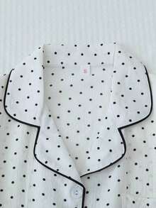 2pcs/Set Women's Mini Polka Dot Printed Pajama Set With Contrast Trim Button-Down Shirt And Bow Tie Shorts, Perfect For Home Wear In Summer White Set,Two Pieces Set - 白色 - 查看 3
