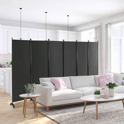  COSTWAY 6 Panel Rolling Room Divider On Wheels, Tall Folding Privacy Screen With Metal Frame, Freestanding Partition Wall Separator For Living Room, Hospital, Bedroom & Home Office, Black/Grey