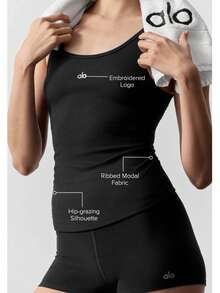 Alo Yoga Ribbed Prosper Tank | Signature Micro-Ribbed Performance Fabric | High-Neck Sophisticated Silhouette | Built-In Shelf Bra Support | Moisture-Wicking & 4-Way Stretch | Essential Luxury Activewear - Black - View 2