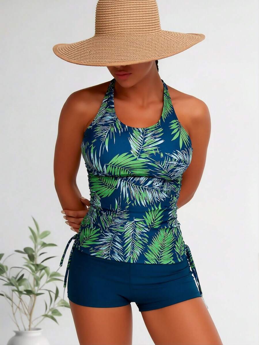 2026 New Swimsuits Women, Tropical Leaf Print Halter Tankini Set With Boyshorts - Cadet Blue - View 1