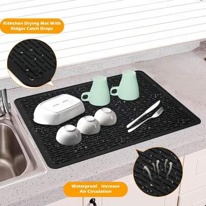 Silicone Dish Drying Mat For Multiple Usage,Easy Clean,Heat-Resistant Silicone Mat For Stove Top Cover For Machine Electric Stove - Silicone Stove Mat For Glass Top,Coffee Making Machine,Kitchen Counter Or Sink,Refrigerator Or Drawer Liner Black XL 28 Inches X 20 Inches