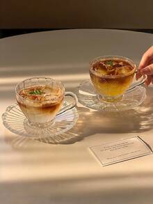 1pc Nordic Ins Retro Embossed Coffee Cup & Saucer Set, Latte Cup, Glass Tea Cup - Multicolor - View 3
