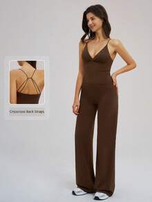 TimeOff Women's One Set Solid Color V-Neck Spaghetti Strap Sports Bra & Criss-Cross Waist Letter Print Straight Leg Pants Set - Brown - View 1