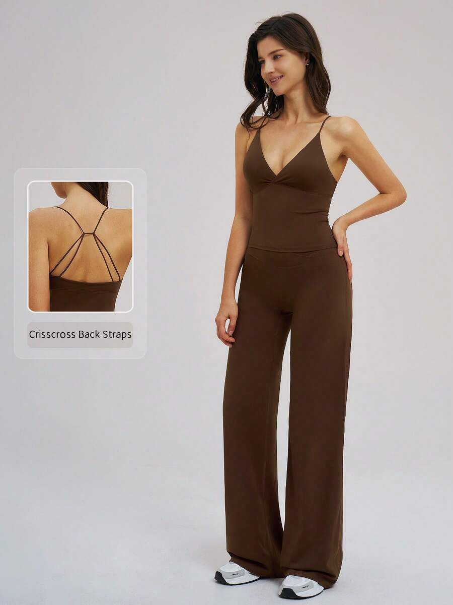 TimeOff Women's One Set Solid Color V-Neck Spaghetti Strap Sports Bra & Criss-Cross Waist Letter Print Straight Leg Pants Set - Brown - View 1