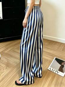 Quần dài cạp chun bằng vải satin bóng, sọc xanh trắng, thích hợp mặc đi biển, nghỉ mát, đi chơi, đi học, dự tiệc, mùa xuân/hè. - Xanh và trắng - Xem 4
