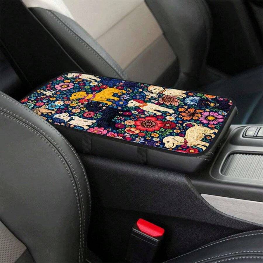1pc Printed Cartoon Floral & Puppy Vintage Painting Style Armrest Box Pad, Car Interior Accessory - Flower Puppy - View 1