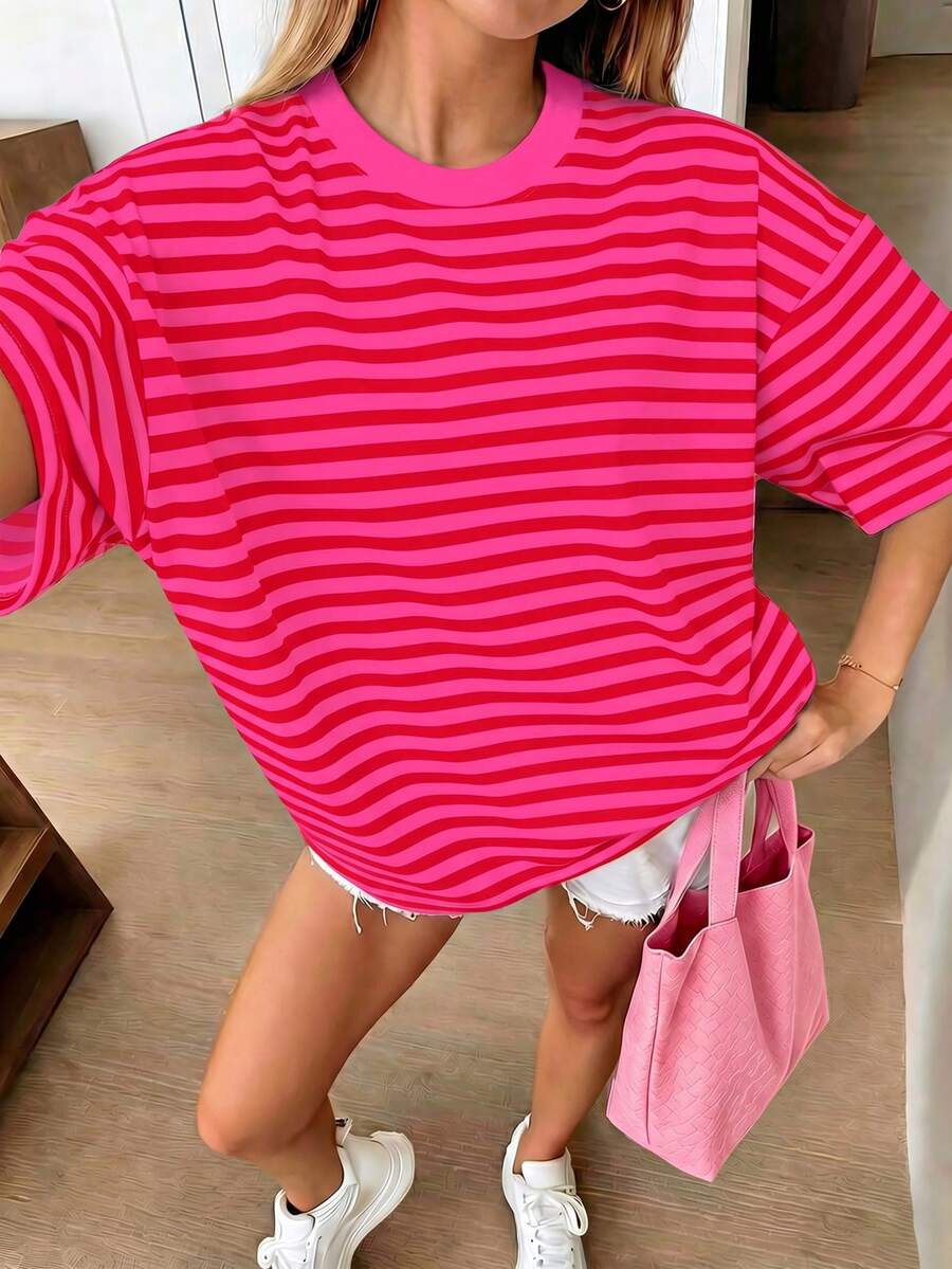 Oversized lockeres Kurzarm T-Shirt, lässig für den Urlaub für Frauen im Sommer - Heißes Pink - Übersicht 1
