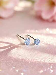 1 Pair S925 Sterling Silver Shiny Blue Zirconia Stud Earrings, Gentle On Ear Piercings, Designed For Daily Wear For Girls, Long-Lasting Luster, Versatile For Festivals, Parties, Or Commuting - Round - View 5