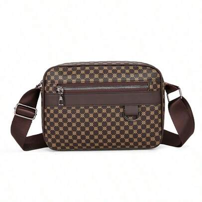 1 Piece Men's Geometric Pattern PU Leather Large Capacity Multi-Pocket Zipper Closure Camera Bag Crossbody Shoulder Bag For Daily Commute & Travel
