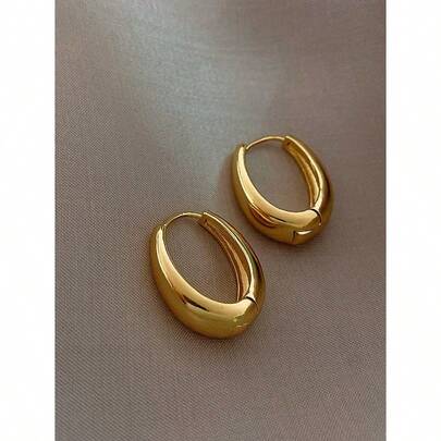 1pair Simple TearDrop Hoop Earrings, Chunky Gold Tone Water Droplet Earrings, U-Shaped Earrings, Oval Hoop Earrings, Stylish And Elegant Lightweight Dainty Women Jewelry, Perfect Gift For Her