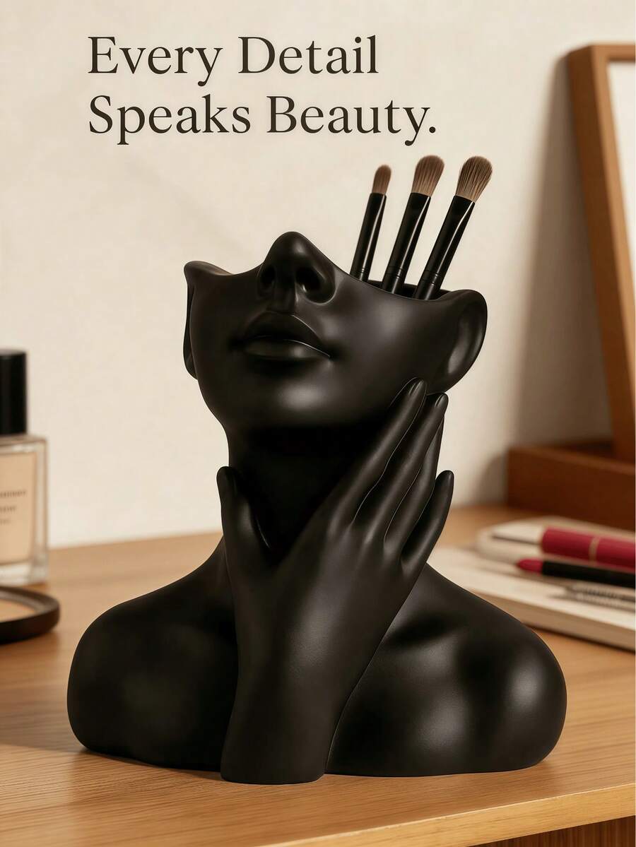 1 pièce Porte-pinceau de maquillage féminin créatif Sculpture de main touchant la joue Organisateur de coiffeuse de bureau Figurine artistique pour la table de maquillage Décoration de salle de bain - Noir - Voir 1