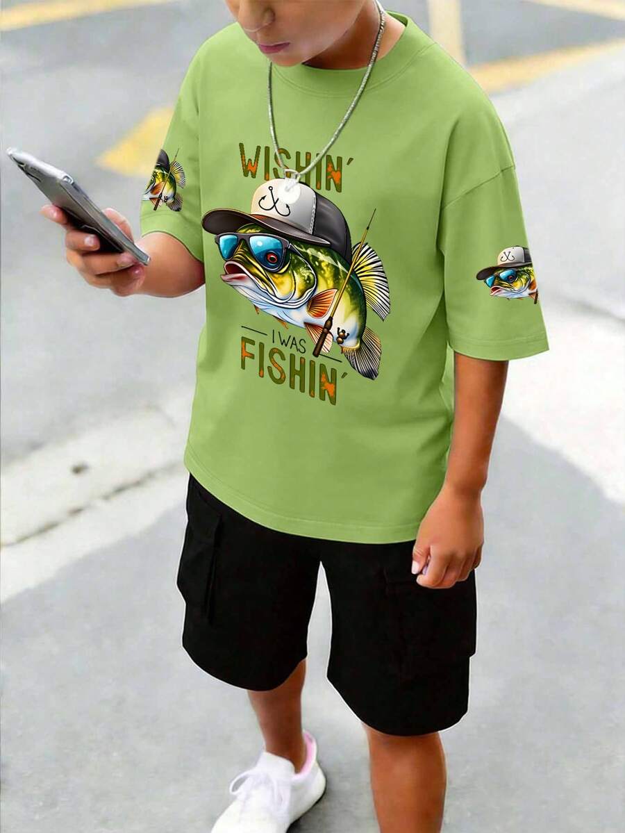 2 pièces/Set Tenue mode garçon à manches courtes, imprimé avec motif thème de pêche, col rond à manches courtes, ludique et convenant pour le port quotidien et les vêtements de sport - Multicolore - Voir 1