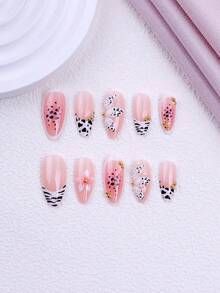 NAIO 24 pièces Autocollants pour ongles manucure française imprimés fleurs 3D et léopard, forme amande courte, détails de fleurs 3D en gel, style Y2K, surface lisse avec couverture complète, faux ongles convenant aux femmes et aux filles pour un usage quotidien et les fêtes - Multicolore - Voir 3