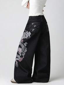 1pc American Street Style Women's Embroidered Loose Wide Leg Jeans Fashion All Season Long Pants Casual Black Fall - Black - View 2