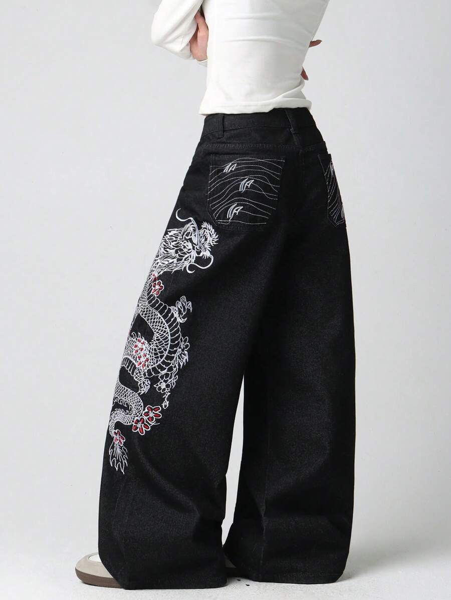 1pc American Street Style Women's Embroidered Loose Wide Leg Jeans Fashion All Season Long Pants Casual Black Fall
