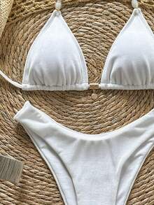 Bộ bikini trắng quyến rũ đính ngọc trai | Món đồ không thể thiếu cho đêm hẹn hò Valentine | Áo tam giác với mặt dây chuyền vỏ sò vàng + Quần cạp cao | Phải có cho những kỳ nghỉ biển và lãng mạn bên hồ bơi - trắng - Xem 4