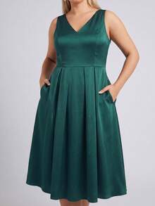 Đầm midi dáng chữ A không tay cổ chữ V bằng satin cỡ lớn dành cho nữ, thanh lịch, thích hợp cho tiệc cocktail, hẹn hò hàng ngày, dự đám cưới, dạ hội, tiệc tùng, mùa hè duyên dáng, lễ tốt nghiệp, kỳ nghỉ và nhiều dịp khác. - màu xanh lá - Xem 3