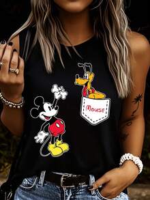Disney 1 chiếc áo thun không tay in hình chuột Mickey hoạt hình dành cho nữ, cổ tròn, co giãn, phù hợp mặc hàng ngày, chất liệu dễ giặt ủi, áo vest nữ thời trang thường ngày. - màu đen - Xem 3