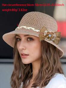 1pc Women's Fashionable Sweet Floral Decor Sun Hat, Elegant Knitted Wide Brim Straw Hat, Bow Tie Bucket Hat For Spring/Summer Outdoor, Beach, Travel, Foldable Lightweight Breathable Hollow-Out Versatile Sun Cap - A - View 2