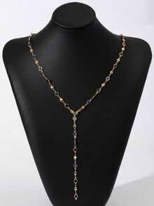 1pc Bohemian Colorful Glass Long Y-Shaped Necklace, Adjustable Metal Choker Necklace, Gold & Silver Color, Summer Holiday Party Jewelry Gift - Single Layer - View 7