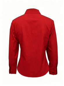 Camisa de manga larga de unicolor para mujer, con diseño de cuello para mostrar un aspecto profesional y capaz, hecha de tela cómoda. - Rojo - Ver 7