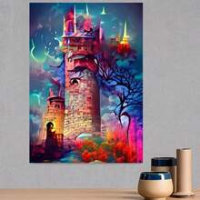Kit de pintura de diamantes DIY para manualidades en casa: Paisaje de castillo de fantasía con cielo estrellado morado oscuro-rosa-naranja y arbustos rojos fuego, lienzo de bordado con diamantes de cristal redondos completos, decoración de pared artística mágica, regalo creativo - Enmarcado - Ver 3