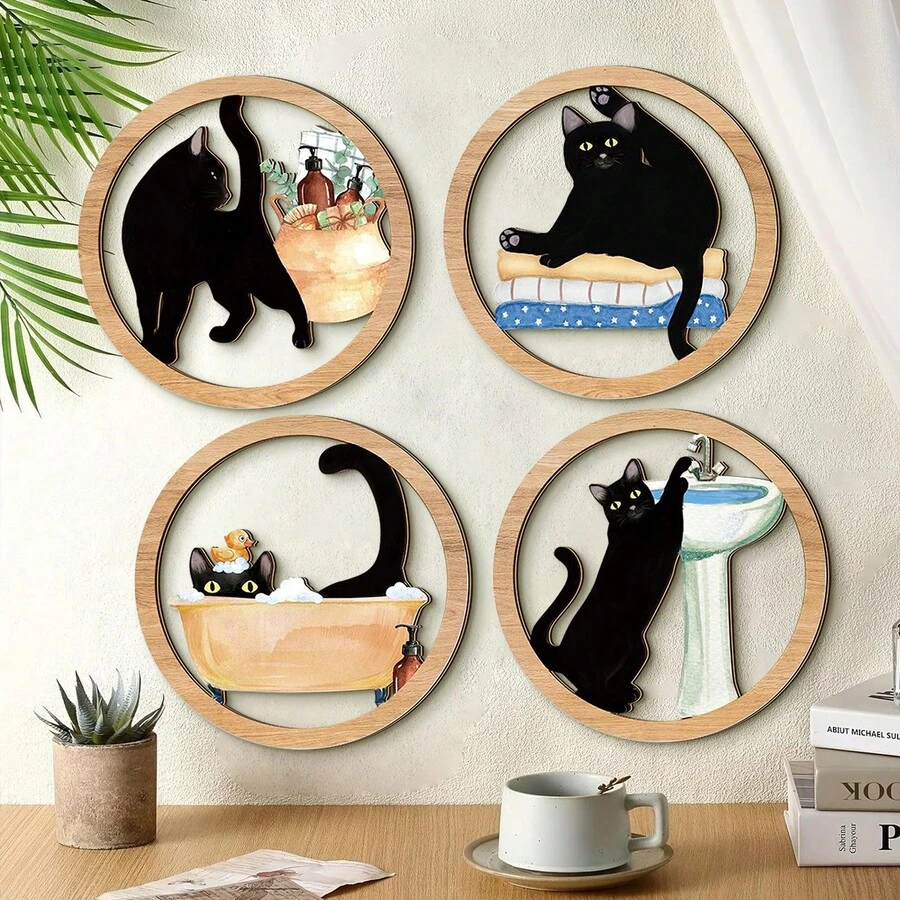2D flach, 4 Stück dekorative Holztafeln, perfektes Frühlingsdekor Geschenk, Sommer Heimdekoration, "Hallo Frühling", "Willkommen" Schilder, Büro Tischdekoration, Wanddekoration, geeignet für alle Szenarien, Retro, Landhaus, Zuhause, Badezimmer Katzen Thema runde Holzwandgiebel, Vier schwarze Katzen Alltagswaschszene - A - Übersicht 1