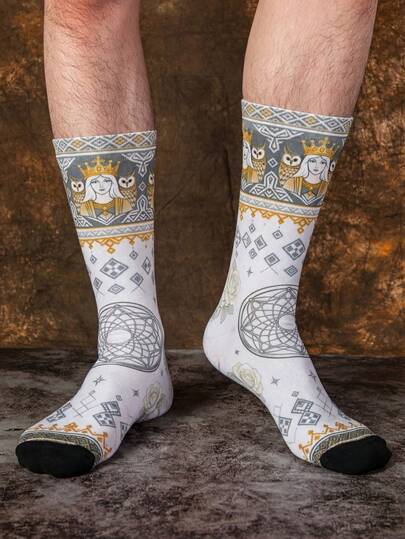 1/3 Pairs Men's Socks With Nordic Mythology Frigg Vintage Print, Breathable, Sweat-Wicking, Casual, Multifunctional, Fashionable Cartoon Pattern Crew Socks, Suitable For Gifts And Daily Wear