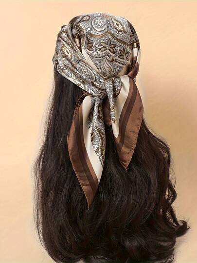 1条女士棕色复古风薄纱围巾，90厘米，经典头巾，真丝围巾，户外旅行波西米亚风头饰配饰，理想的穿搭配饰