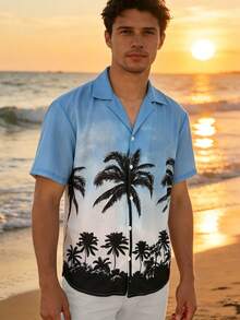 Men's Summer Casual Linen Beach Holiday Cuban Collar Short Sleeve Printed Shirt - Blue - View 4