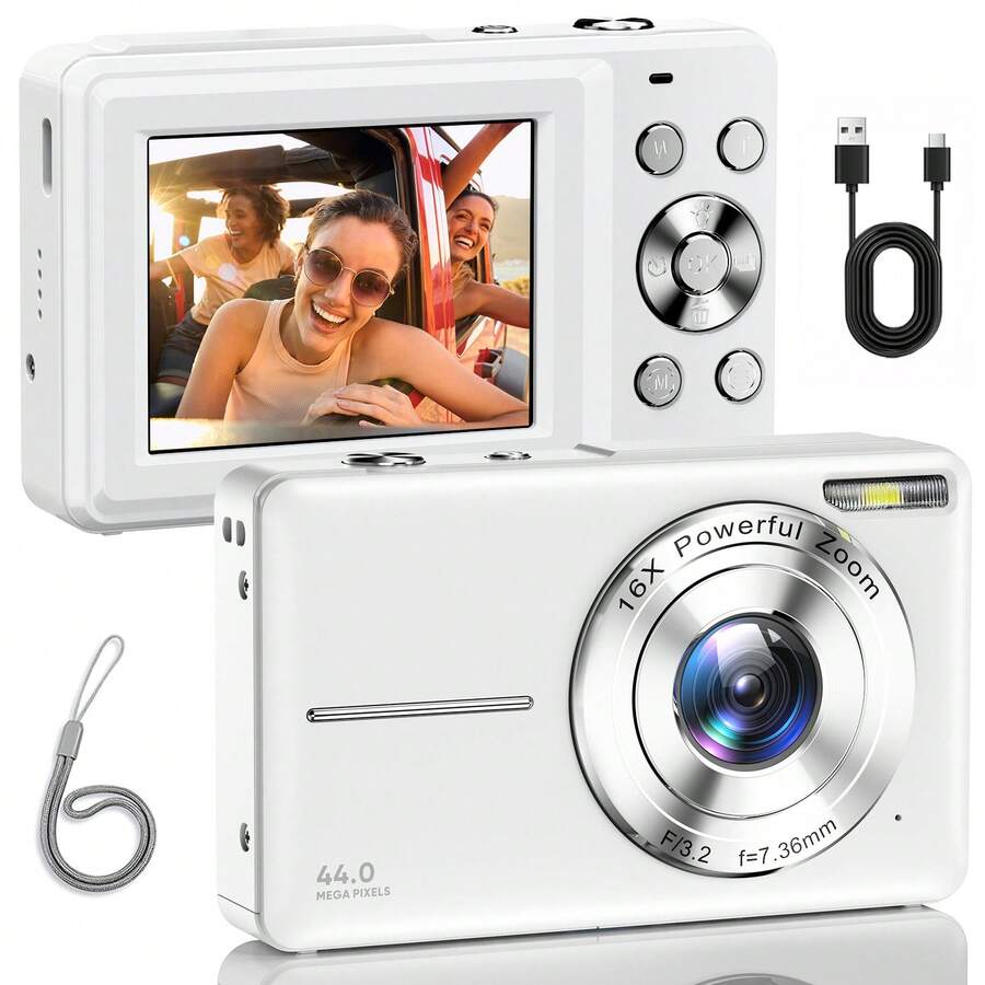 Nicamery 1080P 4400万像素数码相机，适用于摄影、数码傻瓜拍摄和录像，16倍光学变焦便携旅行相机，适合作为青少年和老年人的礼物。[此链接不包含存储卡，请另行购买]