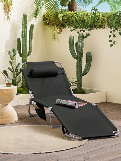  SoBuy Folding Sun Lounger, Garden Lounger, Folding Deck Chair With Headrest & Side Pocket, Beach Lounger, Balcony Relaxing Lounger, 155x56x81cm, For Garden Furniture, Patio, Camping, Black OGS35-SCH
