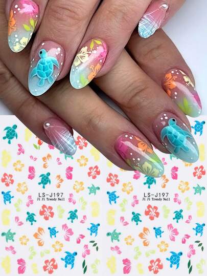 2pcs Ocean Theme Nail Stickers, Blue Sea Turtle, Starfish, Crab, Seahorse, Hawaiian Flower, Orchid, Summer Pattern Nail Art Design, Y2K Cute Nail Decor, DIY Self-Adhesive Nail Salon Accessories