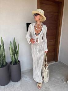 2026 New Arrival Women's White Deep V-Neck Tie-Waist Knit Maxi Dress, Flare Sleeve Design, Floor-Length Hem, Beach Resort Spring/Summer Style Vacation - White - View 3