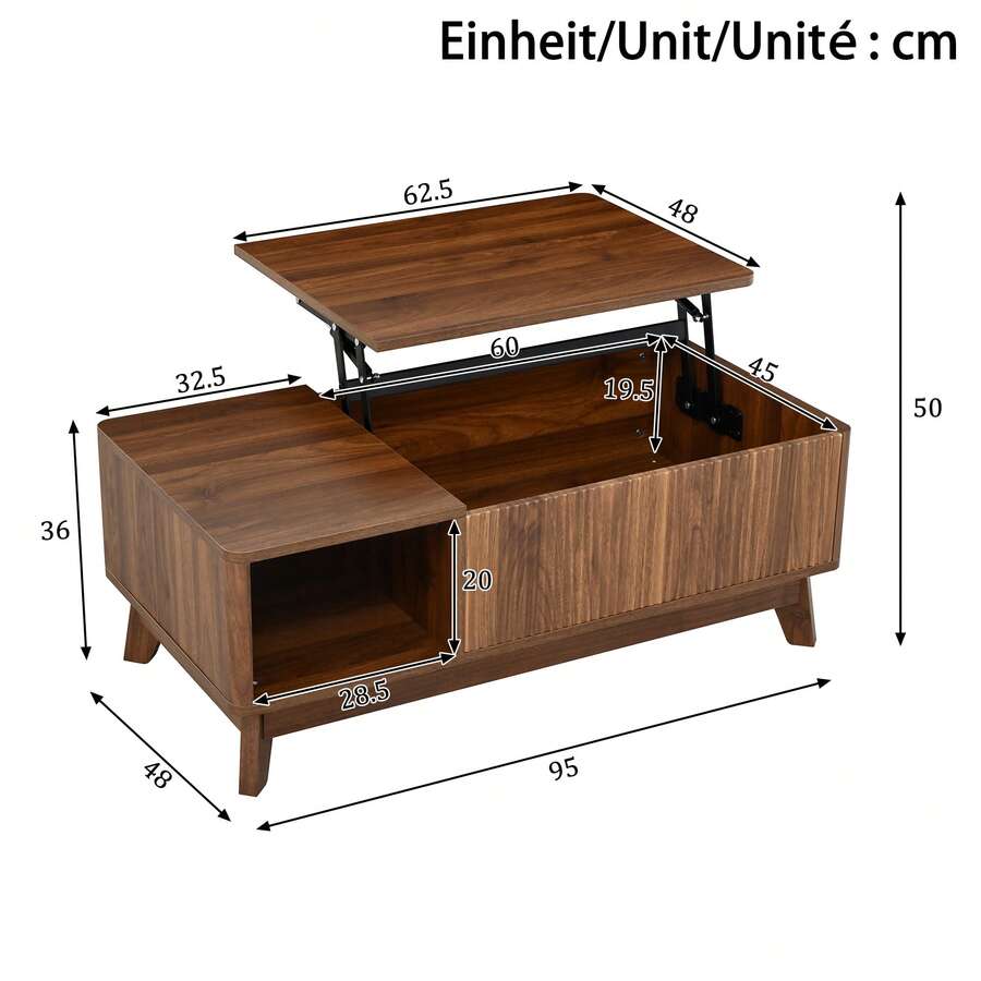 Coffee Table With Lifting Function, Wavy Design, Open Side Storage, Made Of Medium-Density Fiberboard, Modern Style. - Walnut Color - View 1