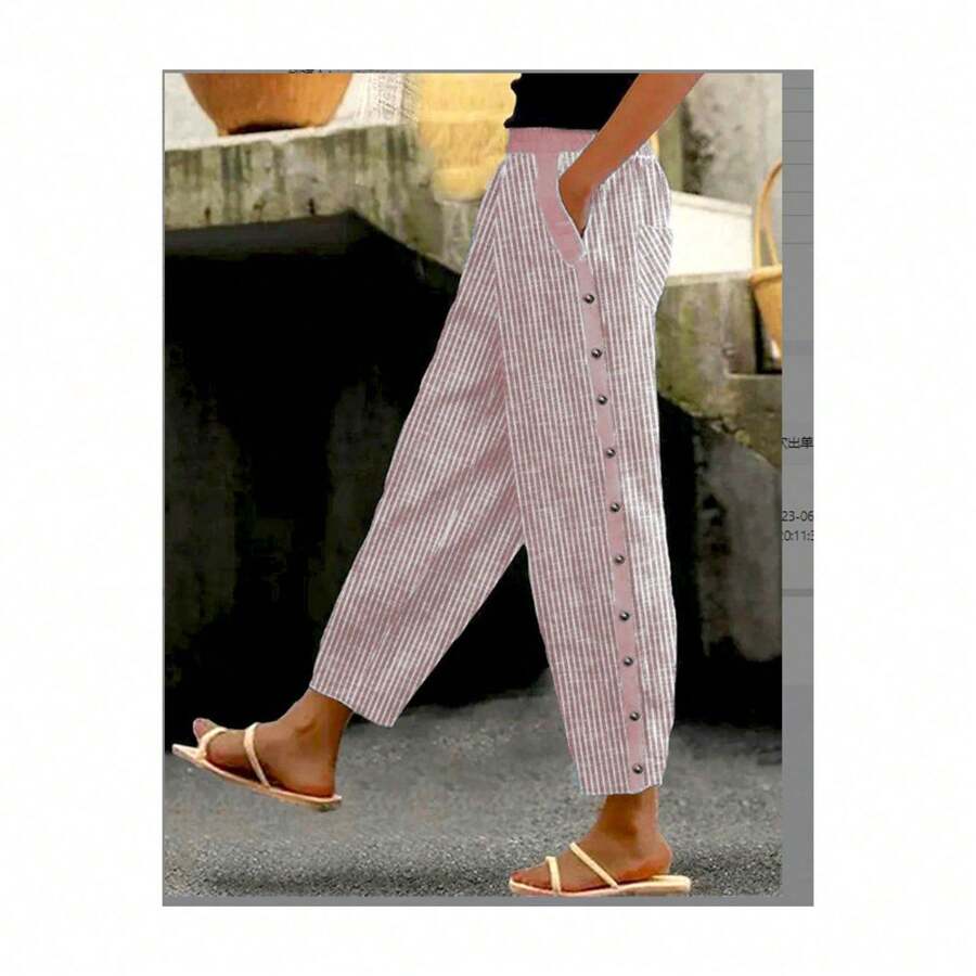 Women's Casual Button-Front Trousers With Stripes And Patchwork, For Autumn - Pink - View 1