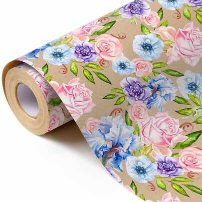 Vintage Watercolor Rose & Blue Floral Pattern Gift Wrapping Paper Roll, 500 X 43 Cm, Kraft Paper Material, Elegant For Birthday, Wedding, DIY Crafts