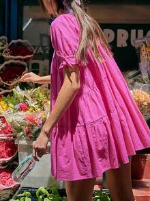 Women Puff Sleeve Babydoll Mini Dress Y2K Lace Trim Ruffle Flowy Dresses Summer Loose Swing Going Out Sundresses - Pink - View 2