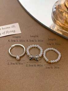 一套白色时尚百搭优雅可爱小众高端蝴蝶结仿珍珠戒指，适合女性日常、节日、派对佩戴 - 戒指三件套 - 查看 8