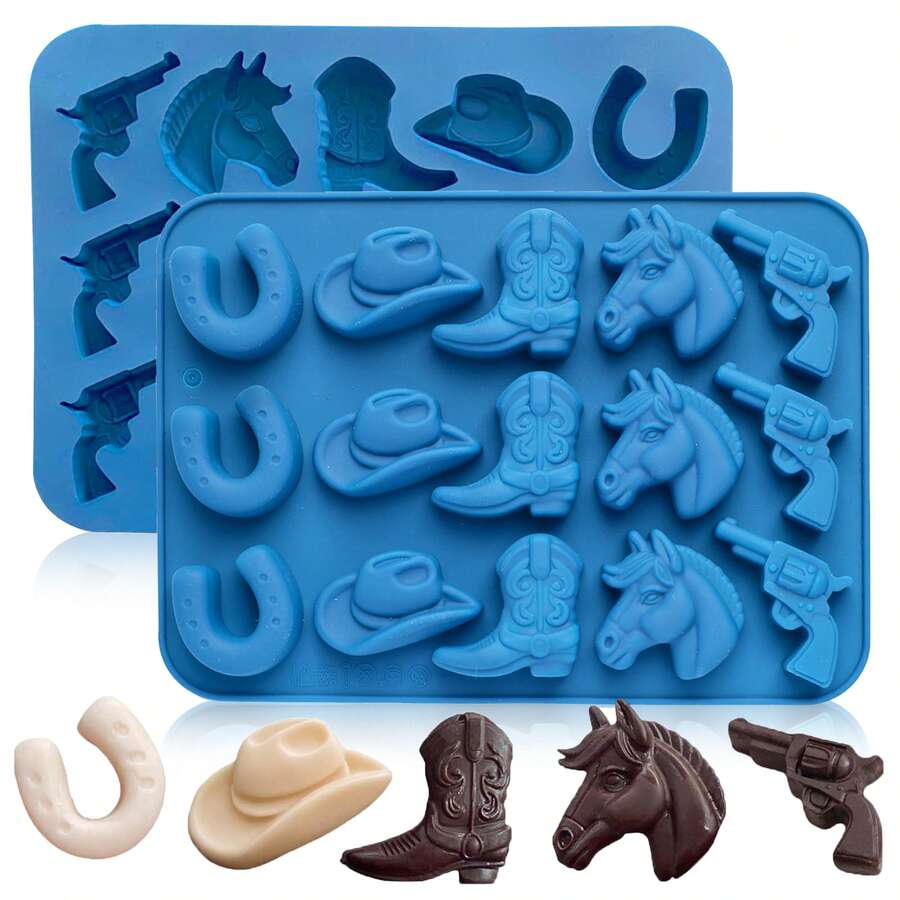 Molde de silicona con forma de sombrero de vaquero, botas y silla de montar para hacer dulces con temática del oeste, molde para hornear para fiestas con tema occidental, molde para velas de gelatina, apto para decorar magdalenas y paletas - Multicolor - Ver 1